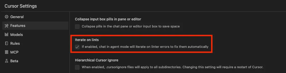 Screenshot of Cursor setting&#x27;s page